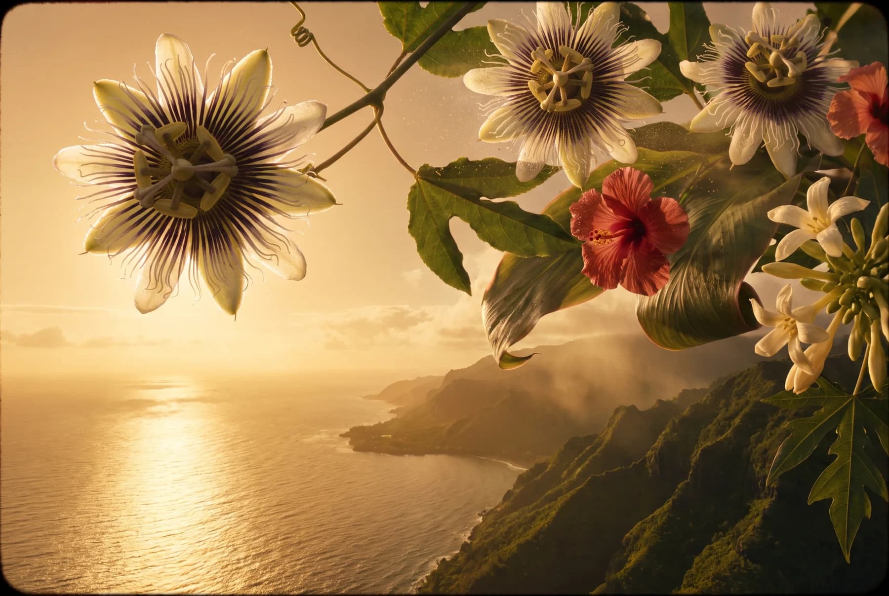 Lilikoi passionflowers in bloom over the golden-hour Hawaiian coast