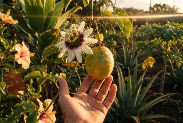 A hand steadying a lilikoi vine at dawn