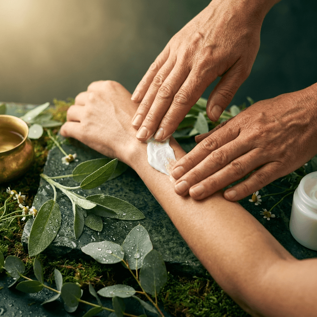 Hands pressing RéBella Fresh Cream into skin — the farm-to-skin ritual